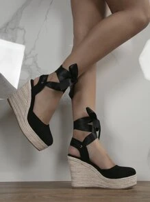 女士極簡腿部繫帶設計編織條帶度假戶外仿麂皮坡跟鞋 - 黑色 - 查看 1