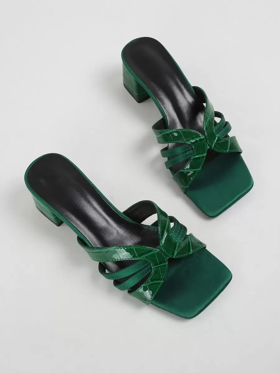 High Heel Fashion Women's Square Toe Sandals, Luxury Crocodile Print Splice Ankle Strap Style, Classic Elegant Party & Casual Wear Chunky Heel Slip-On Sandals,Spring Summer Outfits - Green - View 1