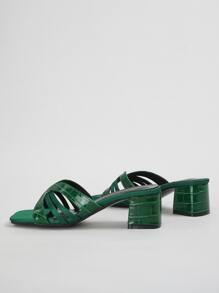 High Heel Fashion Women's Square Toe Sandals, Luxury Crocodile Print Splice Ankle Strap Style, Classic Elegant Party & Casual Wear Chunky Heel Slip-On Sandals,Spring Summer Outfits - Green - View 4