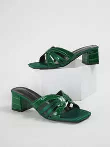 High Heel Fashion Women's Square Toe Sandals, Luxury Crocodile Print Splice Ankle Strap Style, Classic Elegant Party & Casual Wear Chunky Heel Slip-On Sandals,Spring Summer Outfits - Green - View 5