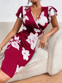 Floral Print Butterfly Sleeve Bodycon Dress - Burgundy - View 1