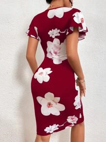 Floral Print Butterfly Sleeve Bodycon Dress - Burgundy - View 2