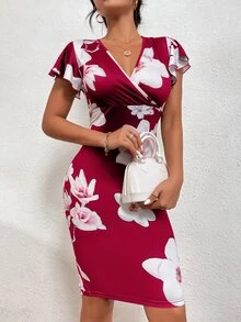Floral Print Butterfly Sleeve Bodycon Dress - Burgundy - View 3