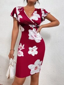 Floral Print Butterfly Sleeve Bodycon Dress - Burgundy - View 4