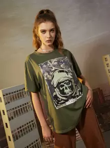 ROMWE X Call of Duty Letter Skull Graphic Oversized Tee - Army Green - View 1