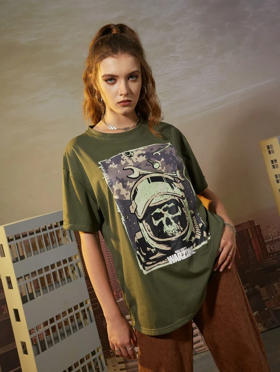 ROMWE X Call of Duty Letter Skull Graphic Oversized Tee - Army Green - View 1