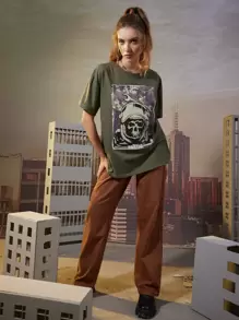 ROMWE X Call of Duty Letter Skull Graphic Oversized Tee - Army Green - View 2