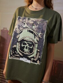 ROMWE X Call of Duty Letter Skull Graphic Oversized Tee - Army Green - View 3