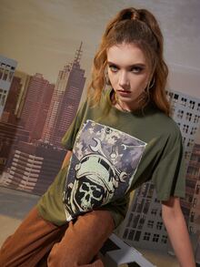 ROMWE X Call of Duty Letter Skull Graphic Oversized Tee - Army Green - View 5