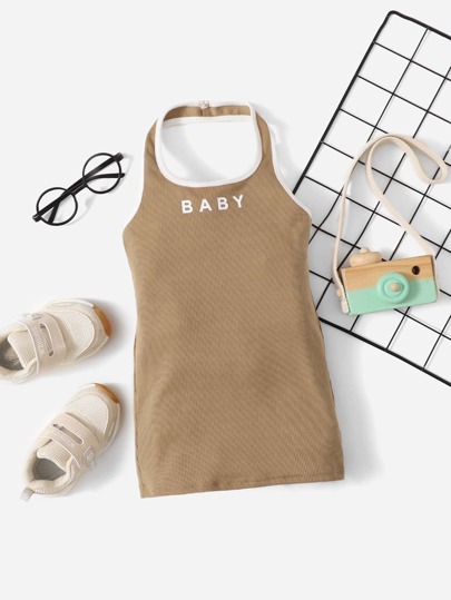 SHEIN Baby Girl Letter Graphic Contrast Binding Dress