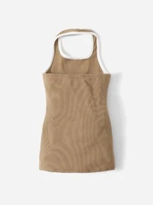 SHEIN Baby Girl Letter Graphic Contrast Binding Dress - Khaki - View 2