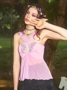 ROMWE Fairycore Butterfly Contrast sequin Straps Cami - Lilac Purple - View 4