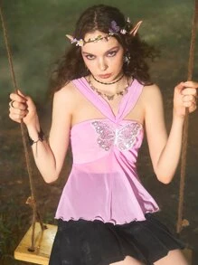 ROMWE Fairycore Butterfly Contrast sequin Straps Cami - Lilac Purple - View 5