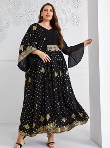 Al Najma 大碼波卡圓點拼接水溶蕾絲荷葉袖雪紡連衣裙 - 黑色 - 查看 1