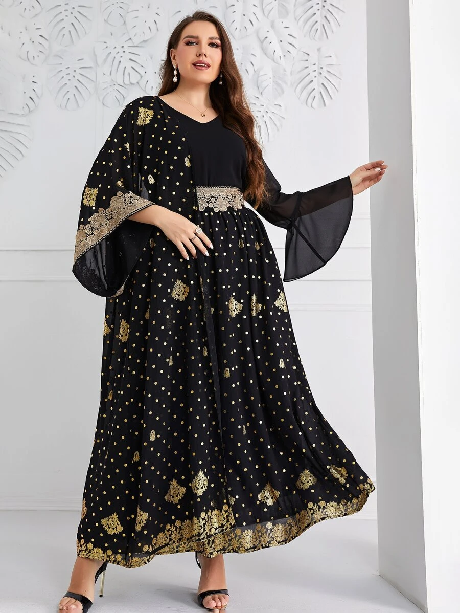 Al Najma 大碼波卡圓點拼接水溶蕾絲荷葉袖雪紡連衣裙 - 黑色 - 查看 1