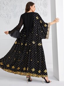 Al Najma 大碼波卡圓點拼接水溶蕾絲荷葉袖雪紡連衣裙 - 黑色 - 查看 2