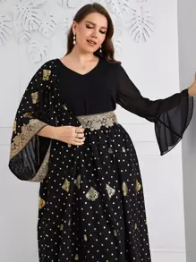 Al Najma 大碼波卡圓點拼接水溶蕾絲荷葉袖雪紡連衣裙 - 黑色 - 查看 4