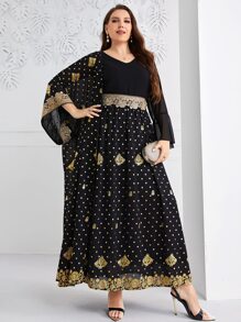 Al Najma 大碼波卡圓點拼接水溶蕾絲荷葉袖雪紡連衣裙 - 黑色 - 查看 5