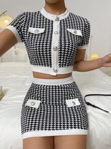 SHEIN Privé Houndstooth Print Flap Detail Crop Top & Bodycon Skirt - Black and White - View 3