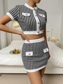 SHEIN Privé Houndstooth Print Flap Detail Crop Top & Bodycon Skirt - Black and White - View 5