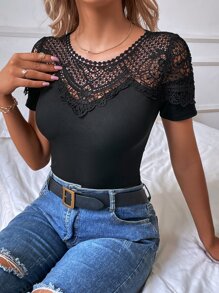 Camiseta con encaje en contraste tejido de canalé - Negro - Ver 4