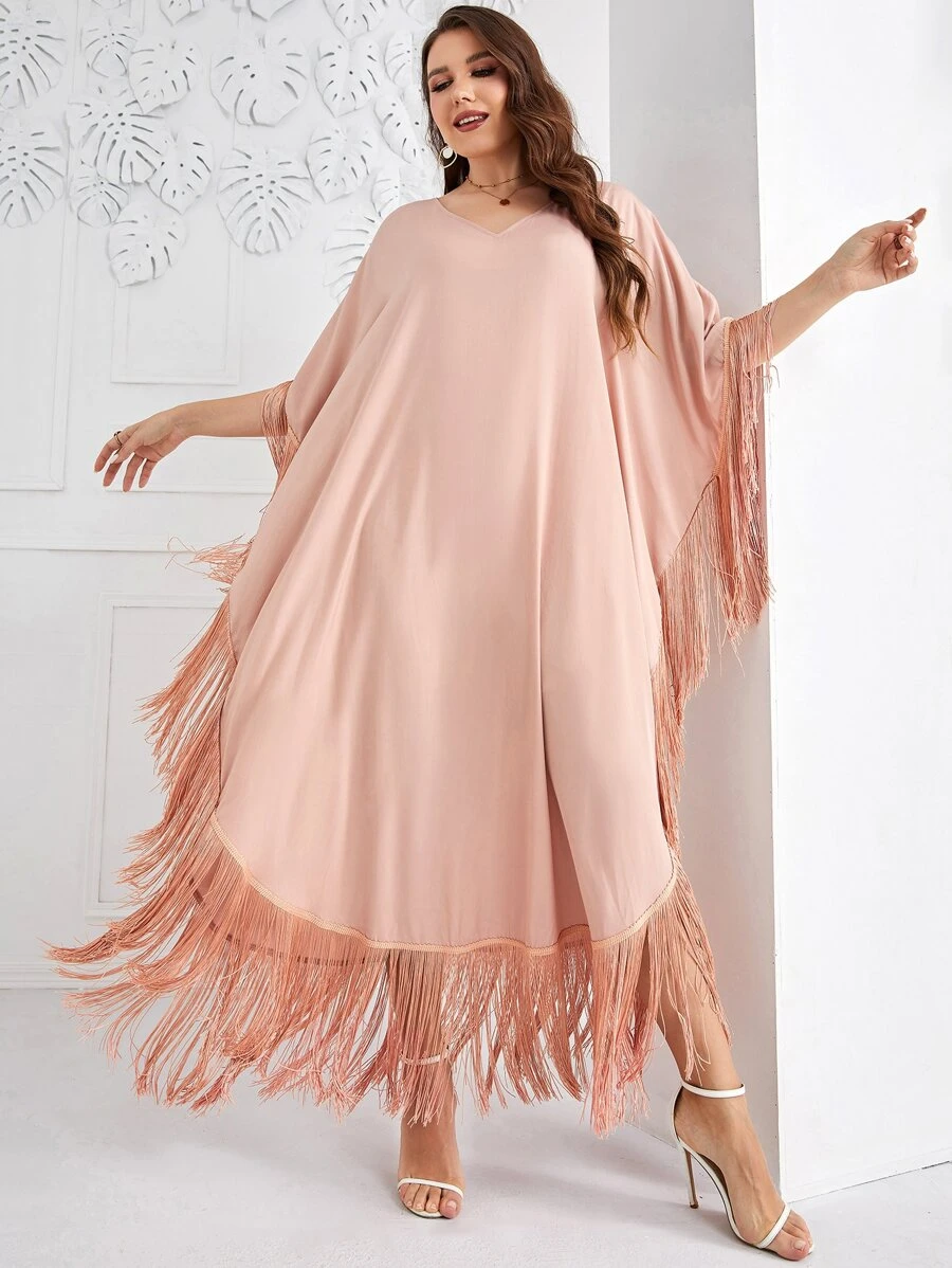 Al Najma Plus Fringe Trim Batwing Sleeve Dress - Coral Pink - View 1