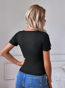 Camiseta con encaje en contraste tejido de canalé - Negro - Ver 2
