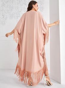 Al Najma Plus Fringe Trim Batwing Sleeve Dress - Coral Pink - View 2