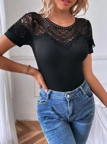 Camiseta con encaje en contraste tejido de canalé - Negro - Ver 6