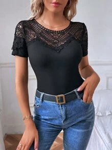 Camiseta con encaje en contraste tejido de canalé - Negro - Ver 1