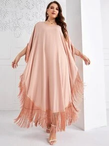 Al Najma Plus Fringe Trim Batwing Sleeve Dress - Coral Pink - View 3