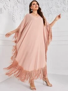 Al Najma Plus Fringe Trim Batwing Sleeve Dress - Coral Pink - View 4