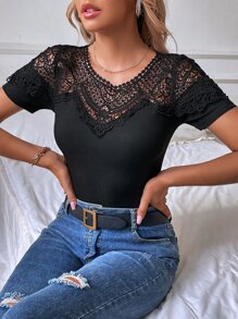 Camiseta con encaje en contraste tejido de canalé - Negro - Ver 3