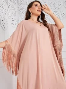 Al Najma Plus Fringe Trim Batwing Sleeve Dress - Coral Pink - View 5
