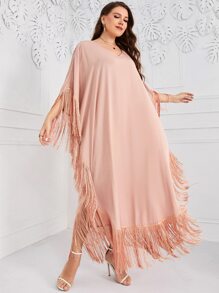 Al Najma Plus Fringe Trim Batwing Sleeve Dress - Coral Pink - View 6