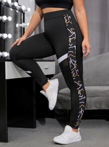 Yoga Basic Plus Graphic Print Mesh Insert Sports Leggings - Black - View 5