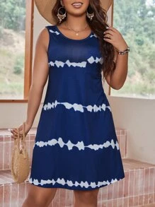 SHEIN LUNE 大碼紮染補丁貼口袋背心連衣裙 - 藍白色 - 查看 4