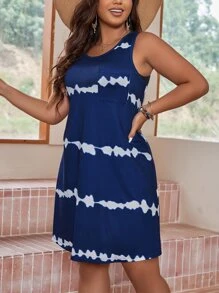 SHEIN LUNE 大碼紮染補丁貼口袋背心連衣裙 - 藍白色 - 查看 6