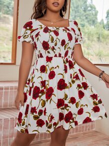 Plus Floral Print Shirred Square Neck Puff Sleeve Chiffon Dress - Multicolor - View 1