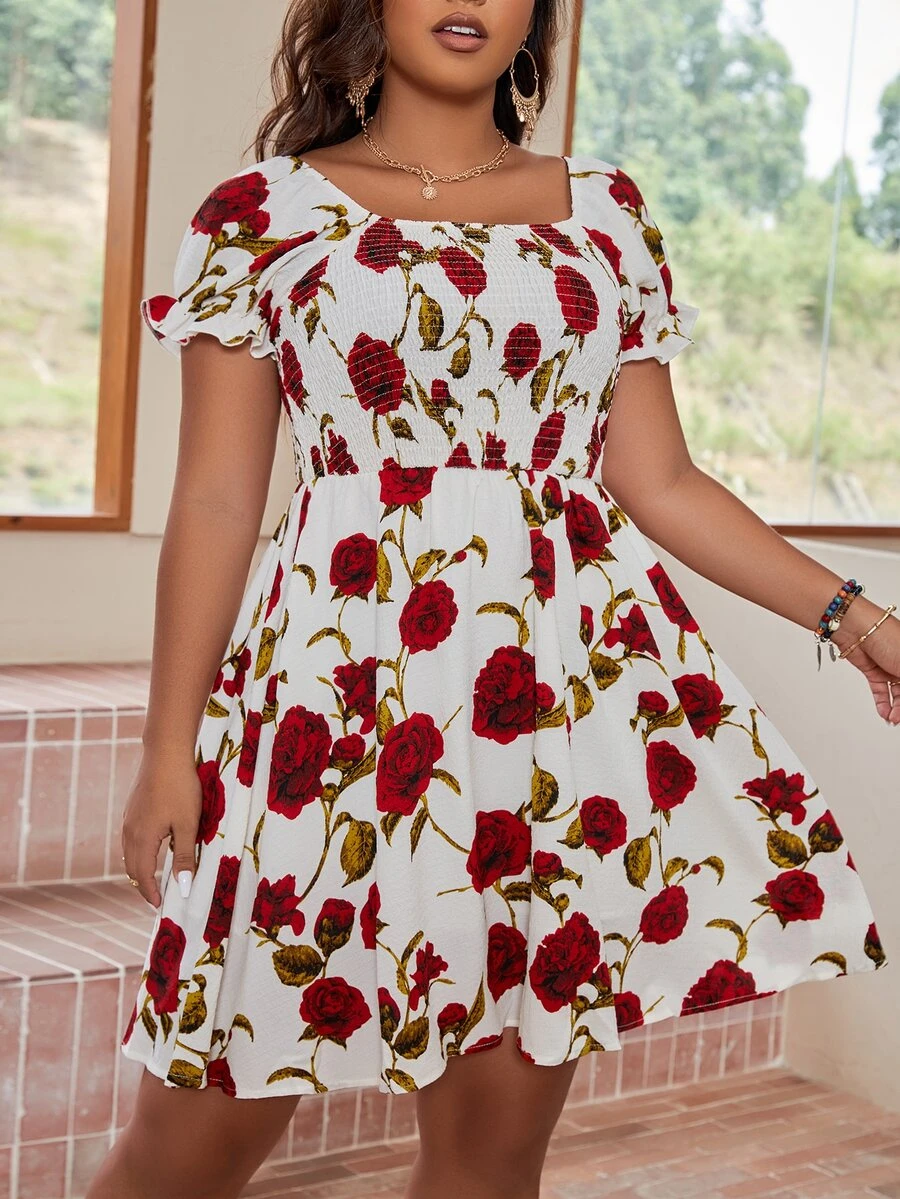 Plus Floral Print Shirred Square Neck Puff Sleeve Chiffon Dress - Multicolor - View 1