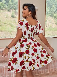 Plus Floral Print Shirred Square Neck Puff Sleeve Chiffon Dress - Multicolor - View 2