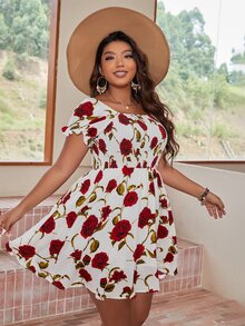 Plus Floral Print Shirred Square Neck Puff Sleeve Chiffon Dress - Multicolor - View 5