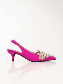 Giày cao gót hở mũi đính ngọc trai giả và đá giả, quai sau, trang trí ngọc trai hồng và đá giả, màu trơn, giày cao gót nữ ngày lễ tình nhân - Màu Hồng Tươi - Xem 5