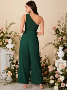 SHEIN Belle Jumpsuit de un hombro fruncido de pierna ancha con cinturón - Verde Oscuro - Ver 2