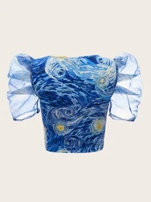 SHEIN MOD Allover Print Puff Sleeve Blouse,Short Sleeve Tops - Multicolor - View 10