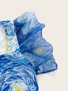 SHEIN MOD Allover Print Puff Sleeve Blouse,Short Sleeve Tops - Multicolor - View 9