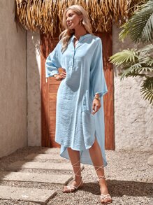 Seusyu Notch Neck Drop Shoulder Top - Baby Blue - View 1