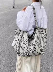 植物图案单肩手提包 返校，经典休闲，适合少女、女大学生购物、户外、旅行、郊游 - 彩色 - 查看 2