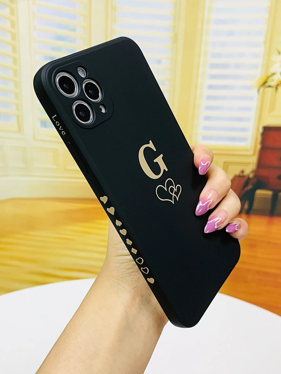 Heart & Letter Graphic Phone Case - Black - View 1