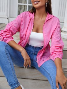 SHEIN Privé Cazadora de hombros caídos de cintura con cordón cremallera con capucha - Rosa - Ver 3